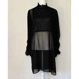 Zara Basic Tunic Blouse Sheer Smocked Whimsigoth Dark Fairy Coquette Black Med